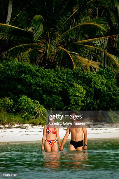 couple in bathing suit stand knee-deep immersed in water, abaco, bermuda - abaco stock pictures, royalty-free photos & images