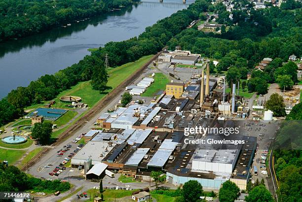 aerial view of a paper mill, james river paper mill, milford, new jersey, usa - stop the pulp mill stock pictures, royalty-free photos & images
