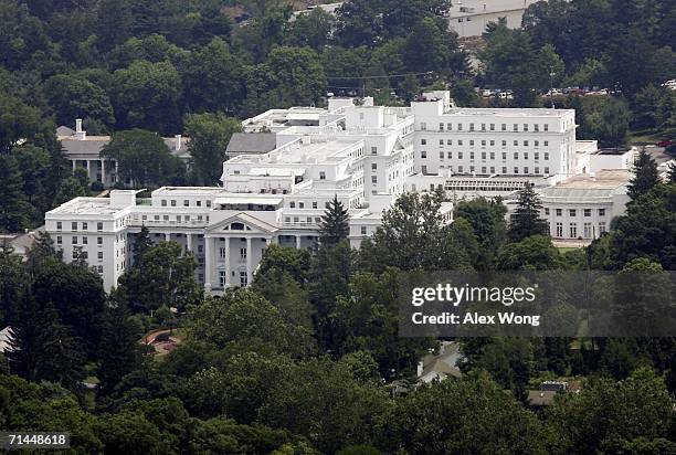 The exterior view of Greenbrier Resort is seen from the top of a nearby mountain July 14, 2006 in White Sulphur Springs, West Virginia. The bunker,...