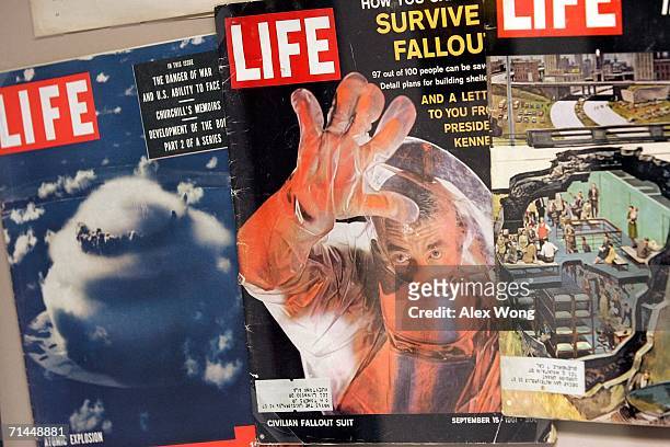 Covers of past issues of Life Magazine featuring nuclear bomb and protections are seen on display at a former government relocation facility, also...