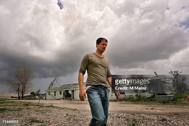 Actor Brad Pitt visits the Lower Ninth Ward of New Orleans during a trip to lobby government officials to increase the speed of re-construction on...
