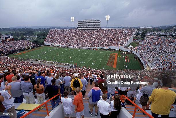 General view from the stands of Lane Stadium during the game between the Virginia Tech Hokies against the Akron Zips in Blackburg, Virginia. The...