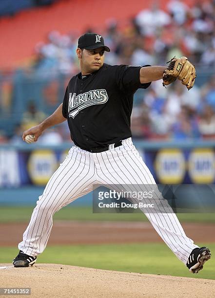 Starting pitcher Anibal Sanchez of the Florida Marlins pitches against the Houston Astros at Dolphin Stadium on July 14, 2006 in Miami, Florida.