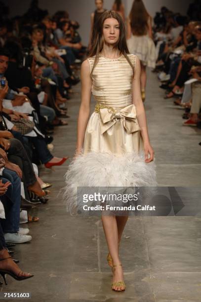 Model walks down the runway during the Woman By Fause Haten Summer 2007 fashion show at Bienal Ibirapuera on July 14, 2006 in Sao Paulo, Brazil.