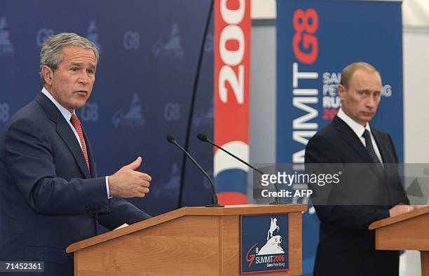 St Petersburg, RUSSIAN FEDERATION: US President George W. Bush speaks during a joint press conference with Russian President Vladimir Putin at the G8...
