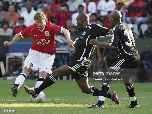 Ole Gunnar Solskjaer of Manchester United scores the first goal during the match against Orlando Pirates as part of their pre-season tour of South...