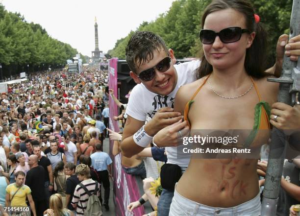 Andreas and girlfriend Charleen pose during the 16th annual Loveparade weekend July 15, 2006 in Berlin, Germany. Over 300 DJs on 39 trucks, so called...