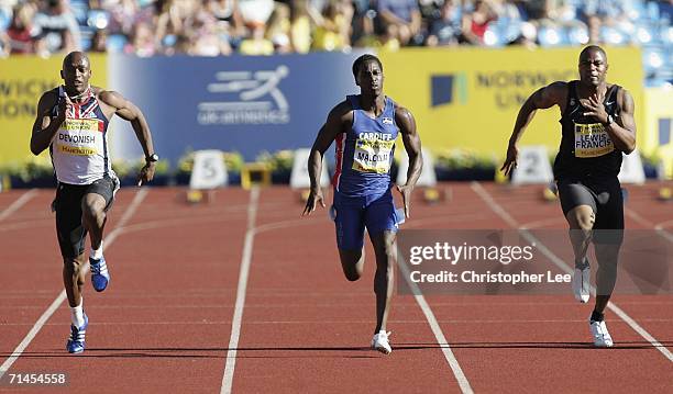 Marlon Devonish beats Christian Malcolm and Mark Lewis-Francis in the 100 Metres during the Norwich Union European Trials at the Manchester Regional...