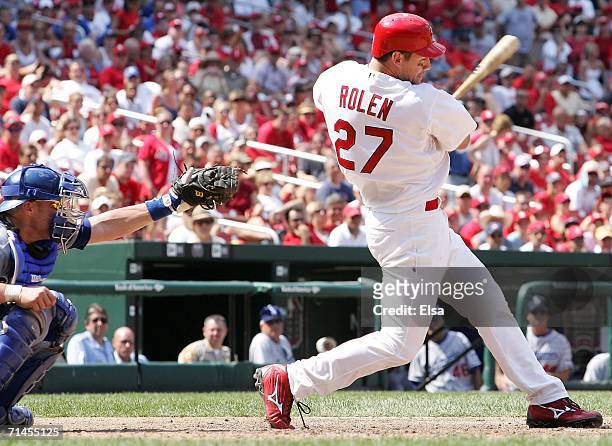Scott Rolen of the St. Louis Cardinals hits an RBI single to drive in the game winning run in the 10th inning against the Los Angeles Dodgers on July...
