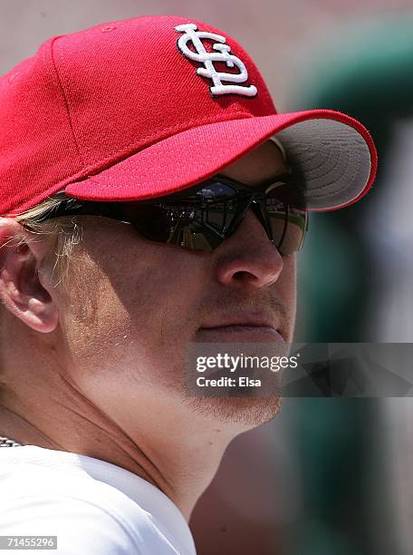 Jeff Weaver of the St. Louis Cardinals watches the game against the Los Angeles Dodgers on July 15, 2006 at Busch Stadium in St. Louis, Missouri. The...