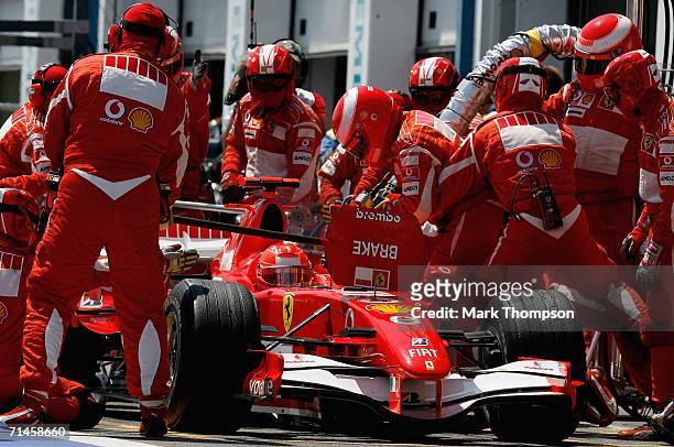 Michael Schumacher of Germany and Ferrari makes a pit stop during the French Formula One Grand Prix at the Nevers Magny-Cours Circuit on July 16 in...
