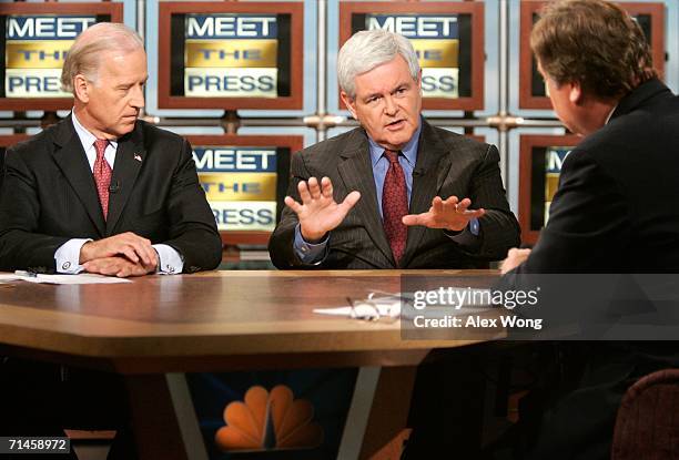 Former U.S. Speaker of the House Newt Gingrich speaks as Senator Joseph Biden and moderator Tim Russert look on during a taping of "Meet the Press"...