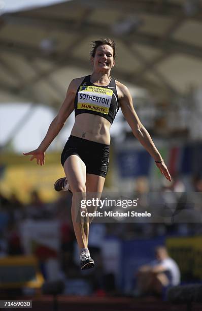 Kelly Sotherton on her way to victory in the women's long jump during the Norwich Union European Trials at the Manchester Regional Arena on July 16,...