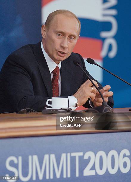Russian President Vladimir Putin speaks during a press conference at the Konstantinovsky Palace outside St.Petersburg, early 17 July 2006. US...