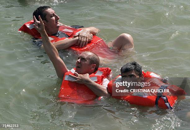 Dockers protesting in the Guadalquivir river block the traffic of the port of Sevilla 17 July 2006. Dockers protest against potential employment...