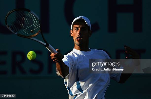 Novak Djokovic of Serbia & Montenegro plays a forehand in his match against Boris Pashanski of Serbia & Montenegro during the Dutch Open Tennis on...