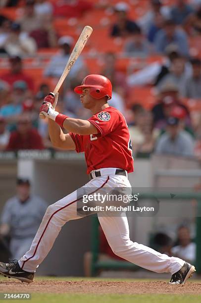Alex Escobar of the Washington Nationals takes a swing during a baseball game against the Florida Marlins on July 6, 2006 at RFK Stadium in...