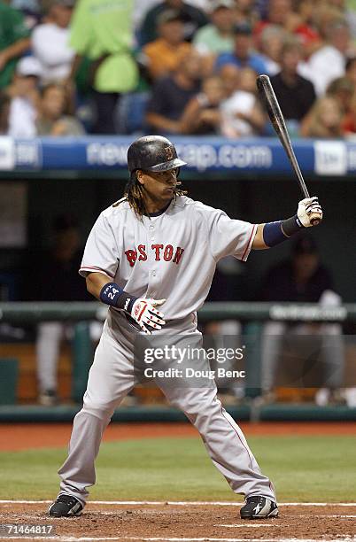 Manny Ramirez of the Boston Red Sox stands ready at bat against the Tampa Bay Devil Rays at Tropicana Field on July 6, 2006 in St. Petersburg,...