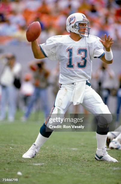 Quarterback Dan Marino of the Miami Dolphins passes against the Indianapolis Colts at Joe Robbie Stadium on December 4, 1988 in Miami, Florida. The...