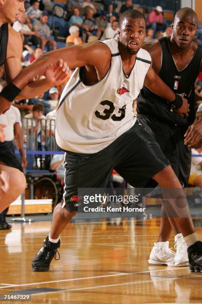 Shelden Williams of the Atlanta Hawks looks to rebound against the San Antonio Spurs July 17, 2006 at the Rocky Mountain Revue in Salt Lake City,...