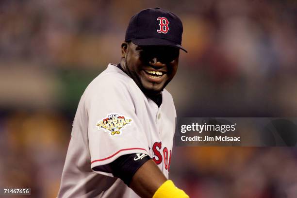 Designated hitter David Ortiz of the American League All-Star team smiles during the 77th MLB All-Star Game against the National League All-Star team...