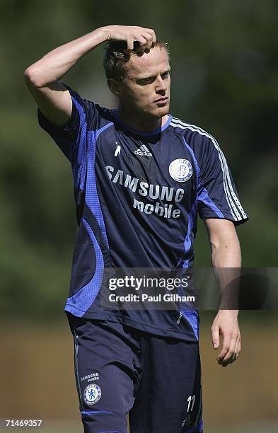 Damien Duff of Chelsea looks on during a training session at Chelsea training ground on July 18 in Cobham, England.