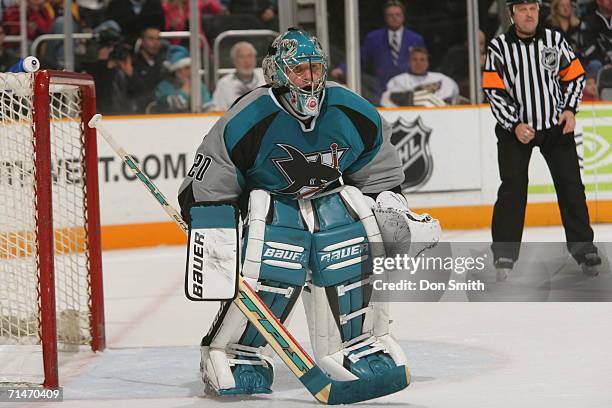 Goaltender Evgeni Nabokov of the San Jose Sharks follows the action during a game against the Washington Capitals on December 16, 2005 at the HP...