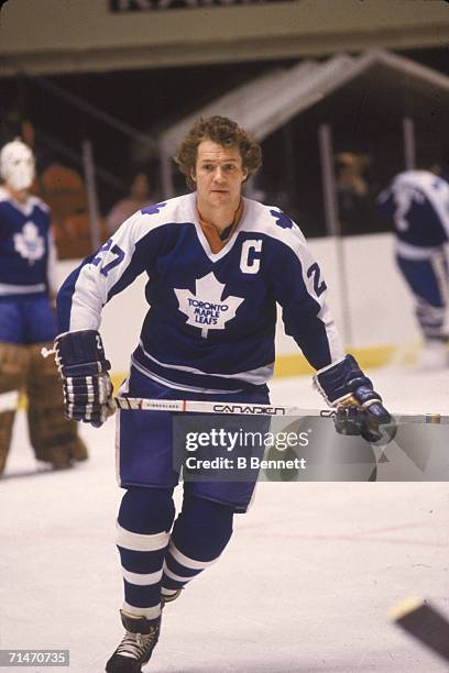 Canadian professional ice hockey player Darryl Sittler of the Toronto Maple Leafs skates on the ice during a road game against the New York Rangers,...