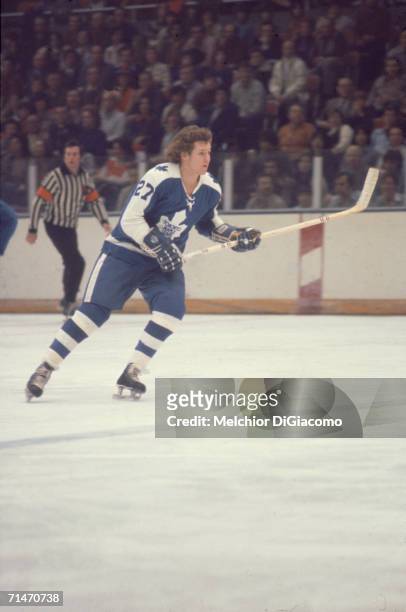 Canadian professional ice hockey player Darryl Sittler of the Toronto Maple Leafs skates on the ice during a road game, 1970s. Sittler played with...