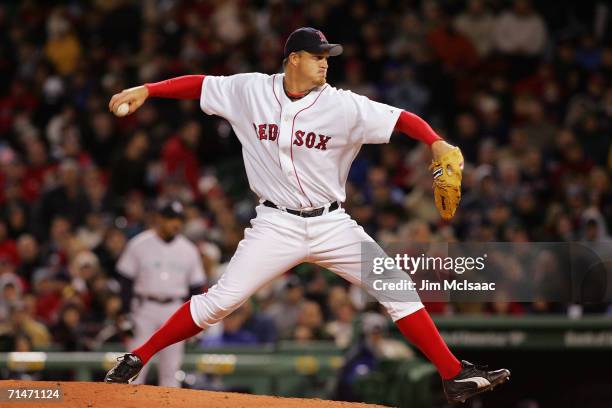 Mike Timlin of the Boston Red Sox delivers a pitch against the New York Yankees during their game at Fenway Park on May 1, 2006 in Boston,...