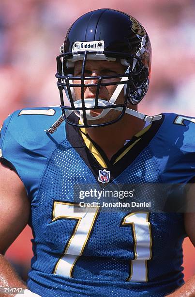 Tony Boselli of the Jacksonville Jaguars looks on during the game against the Cleveland Browns at Cleveland Stadium in Cleveland, Ohio. The Jaguars...