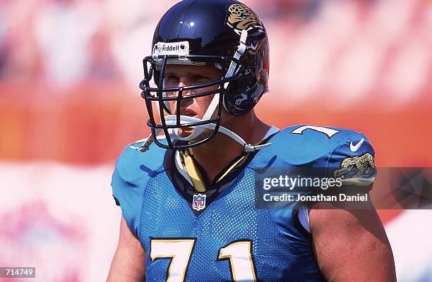 Tony Boselli of the Jacksonville Jaguars looks on during the game against the Cleveland Browns at Cleveland Stadium in Cleveland, Ohio. The Jaguars...