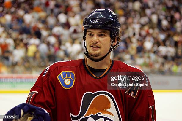 Sheldon Brookbank of the Milwaukee Admirals looks on against the Hershey Bears during game four of the 2006 Calder Cup Finals on June 11, 2006 at the...