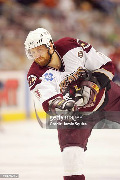 Eric Fehr of the Hershey Bears shoots the puck against the Milwaukee Admirals during game four of the 2006 Calder Cup Finals on June 11, 2006 at the...