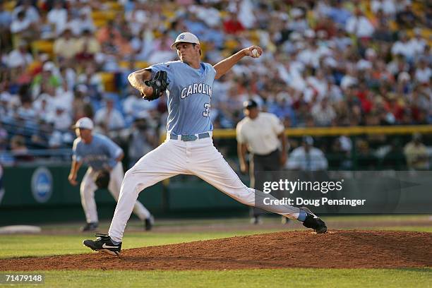 Andrew Miller of the North Carolina Tar Heels pitches against the Cal State Fullerton Titans during NCAA College World Series Baseball at Rosenblatt...