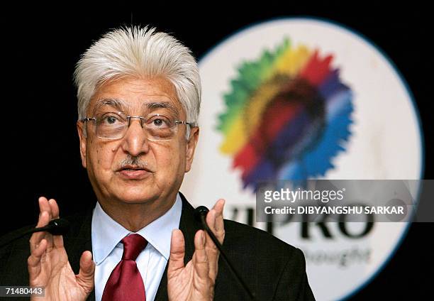 Chairman, Indian software exporter Wipro, Azim Premji, gestures during a press conference at the company's head office in Bangalore 19 July 2006....