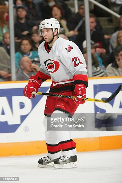 Erik Cole of the Carolina Hurricanes skates during a game against the San Jose Sharks on December 10, 2005 at the HP Pavilion in San Jose,...
