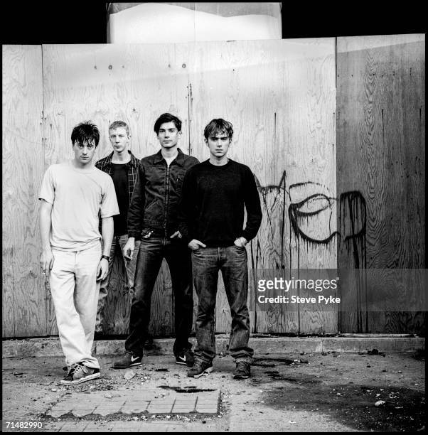English rock group Blur, from left to right, guitarist Graham Coxon, drummer Dave Rowntree, bassist Alex James and vocalist and keyboard player Damon...