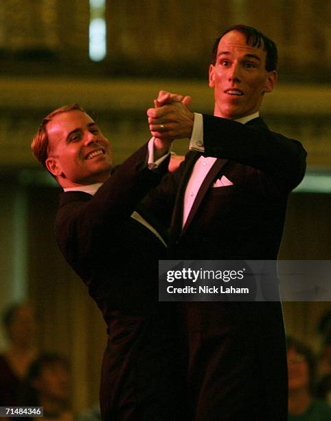 Bradley Stauffer and Soren Kruse ballroom dance during the Dancesport Competition of the Gay Games VII at the Hilton Hotel July 19, 2006 in Chicago,...