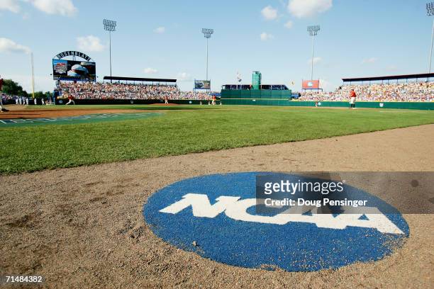 The NCAA logo is shown on the field before the Oregon State Beavers game against the North Carolina Tar Heels during game one of the NCAA College...