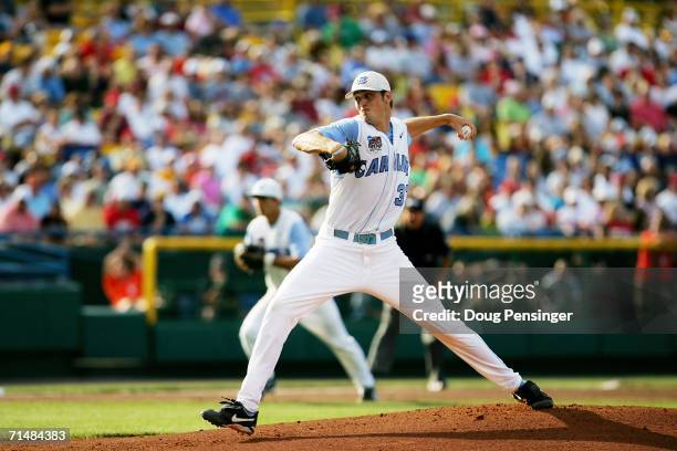 Andrew Miller of the North Carolina Tar Heels pitches against the Oregon State Beavers during game one of the NCAA College World Series Baseball...