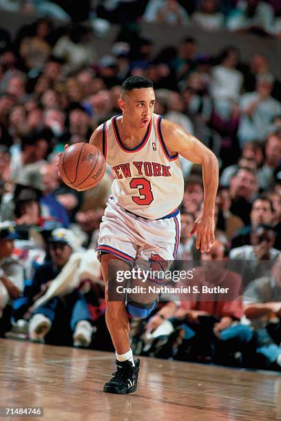 John Starks of the New York Knicks drives the ball up court against the Indiana Pacers during Game Seven of the 1994 Eastern Conference Semi-Finals...