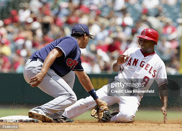 Chone Figgins of the Los Angeles Angels of Anaheim steals second base in the 3rd inning against shortstop Jhonny Peralta of the Cleveland Indians on...