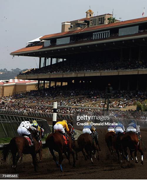 General view of the horses coming out of the final turn into the front stretch during Opening Day at Del Mar, 6 1/2 Furlongs TransUnion Title on July...