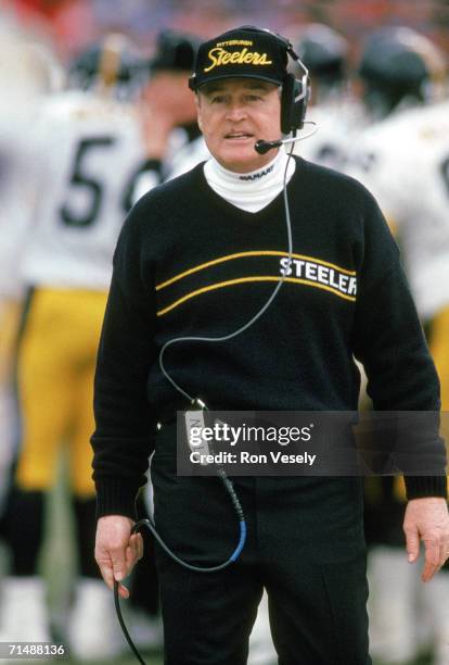 Head coach Chuck Noll of the Pittsburgh Steelers looks on during the 1989 AFC Divisional Playoff Game against the Denver Broncos at Mile High Stadium...