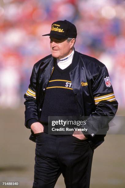 Head coach Chuck Noll of the Pittsburgh Steelers looks on during the 1989 AFC Divisional Playoff Game against the Denver Broncos at Mile High Stadium...