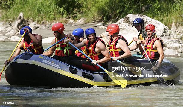 Players of the Hamburg SV takes part in a white-water rafting tour on the Saalbach River on July 20, 2006 in Lofers near Salzburg, Germany. The...