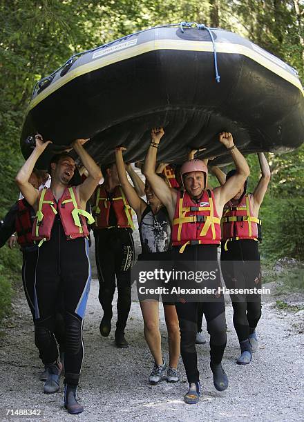 Thomas Doll coach of Hamburg SV and his team takes part in a white-water rafting tour on the Saalbach River on July 20, 2006 in Lofers near Salzburg,...