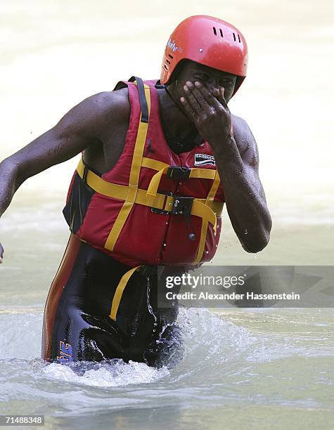 Guy Demel of Hamburg SV takes part in a white-water rafting tour on the Saalbach River on July 20, 2006 in Lofers near Salzburg, Germany. The rafting...