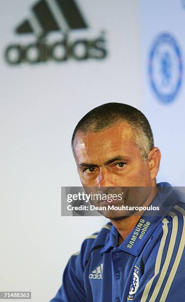 Manager Jose Mourinho speaks to the media at the Chelsea Football Club Kit Launch Press Conference at Stamford Bridge on July 20, 2006 in London,...